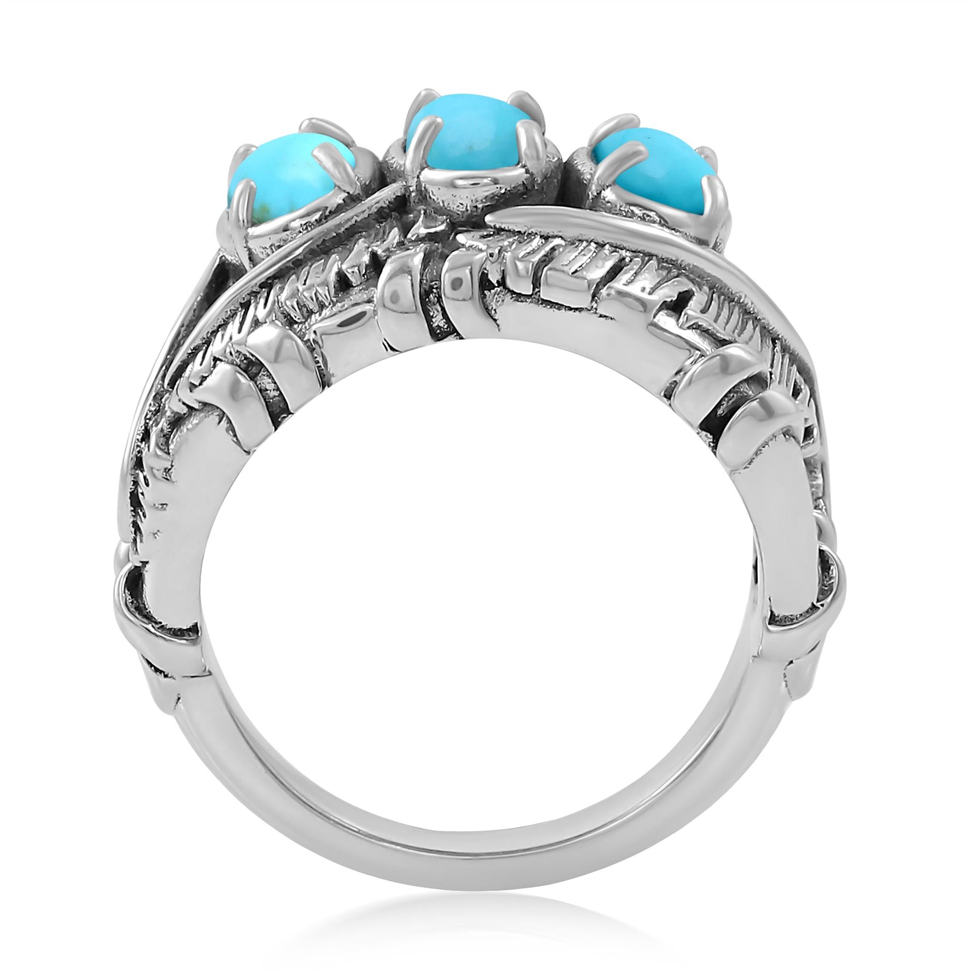 Sterling Silver Kingman Turquoise Three Stone Feather Ring