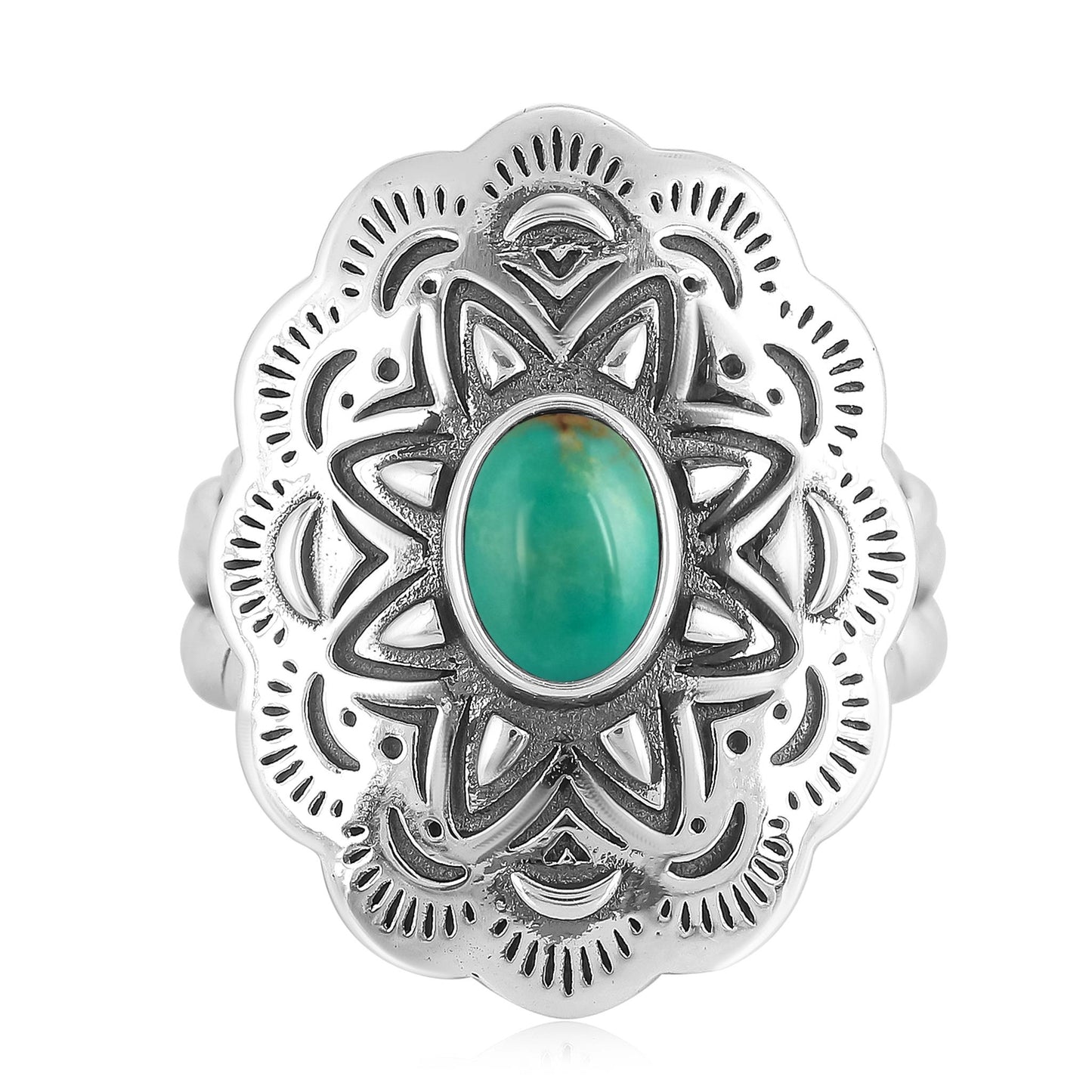 Sterling Silver Blue Green Turquoise Oval Gemstone Concha Ring