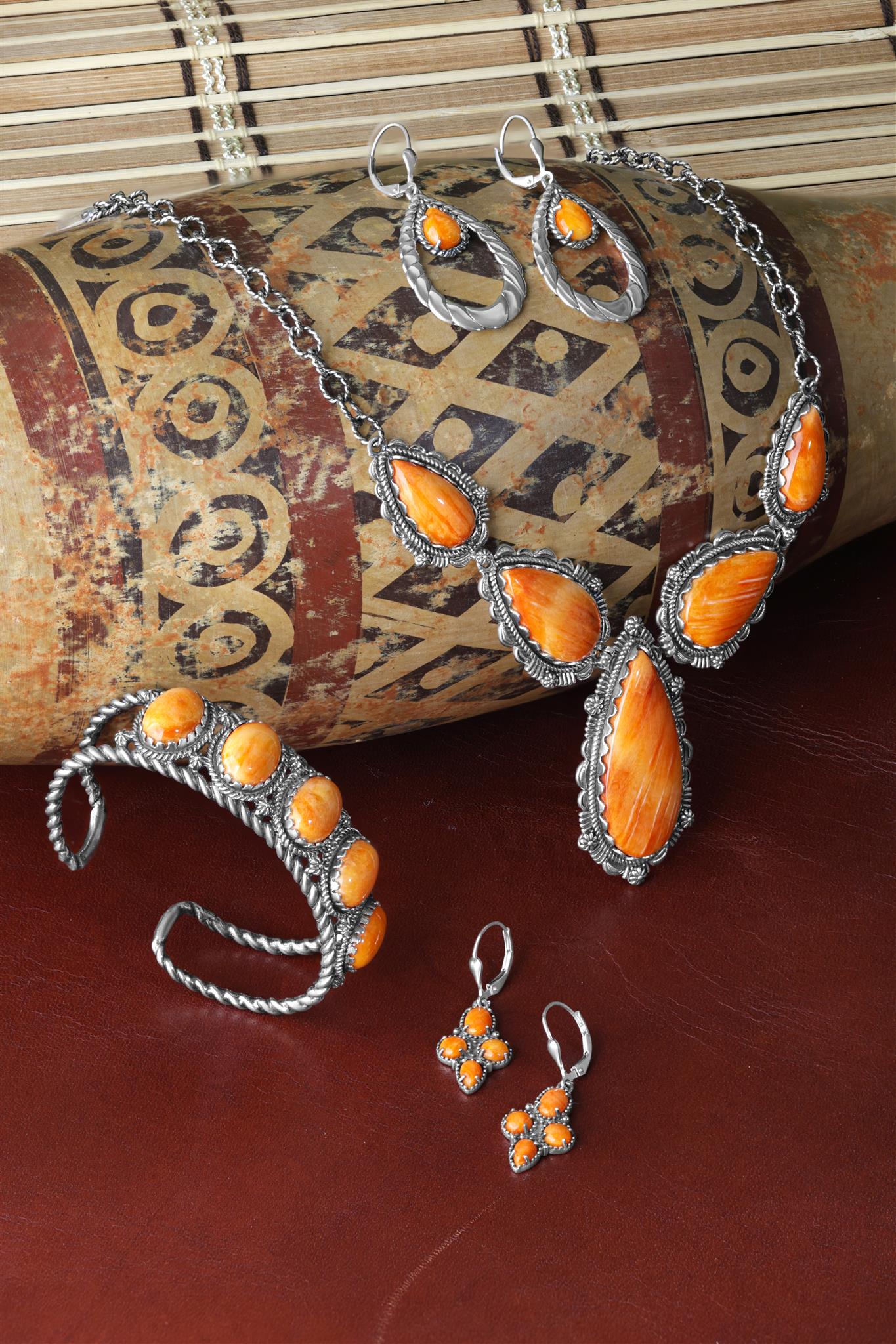 Sterling Silver Orange Spiny Oyster 5-Stone Cuff Bracelet, Sizes Small to Large