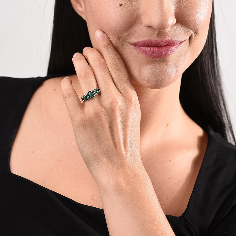 Sterling Silver Green Malachite Gemstone 3-Stone Ring, Sizes 5 to 10