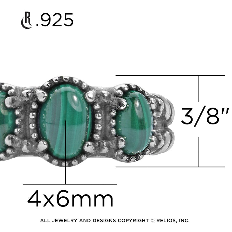 Sterling Silver Green Malachite Gemstone 3-Stone Ring, Sizes 5 to 10