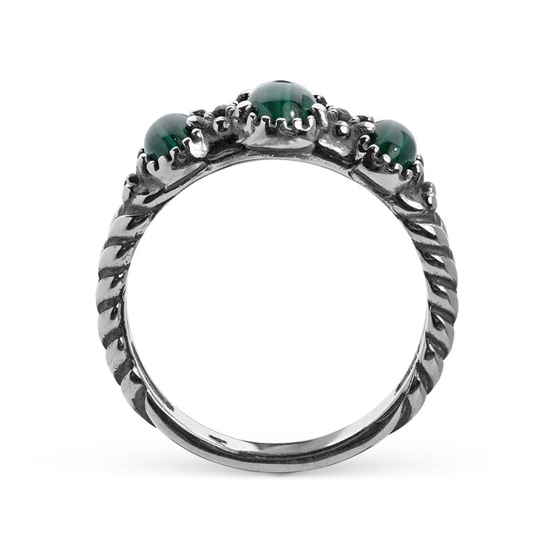 Sterling Silver Green Malachite Gemstone 3-Stone Ring, Sizes 5 to 10