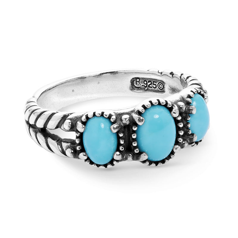 Sterling Silver Sleeping Beauty Turquoise 3-Stone Rope Ring, Sizes 5 to 10
