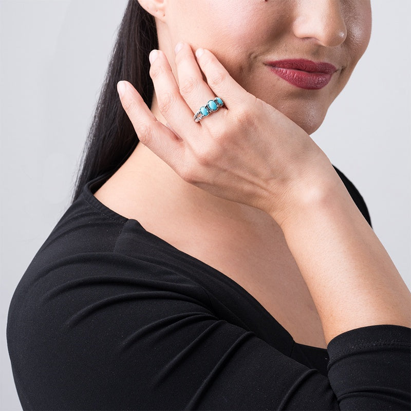 Sterling Silver Sleeping Beauty Turquoise 3-Stone Rope Ring, Sizes 5 to 10
