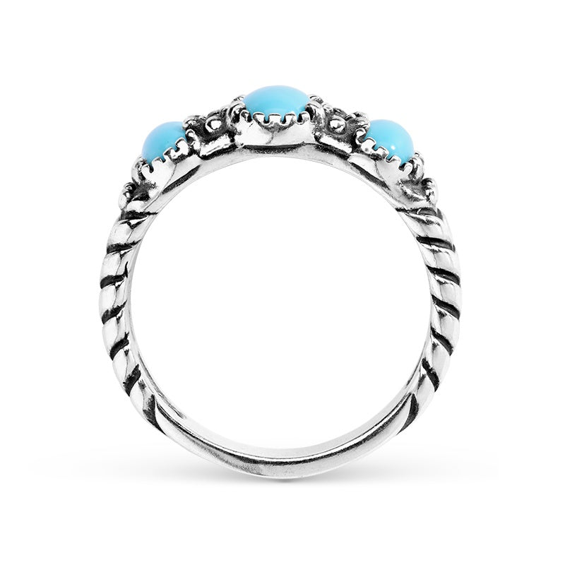 Sterling Silver Sleeping Beauty Turquoise 3-Stone Rope Ring, Sizes 5 to 10