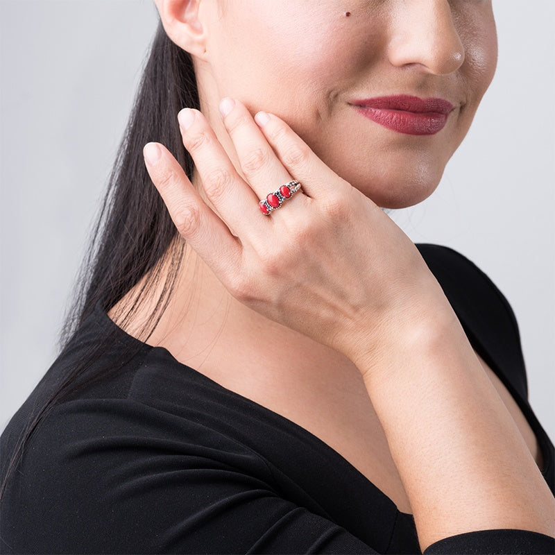 Sterling Silver Three Oval-shaped Red Coral Gemstone Ring Sizes 5 to 10