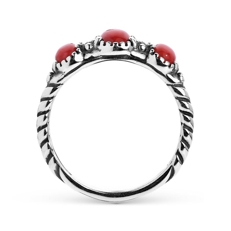Sterling Silver Three Oval-shaped Red Coral Gemstone Ring Sizes 5 to 10