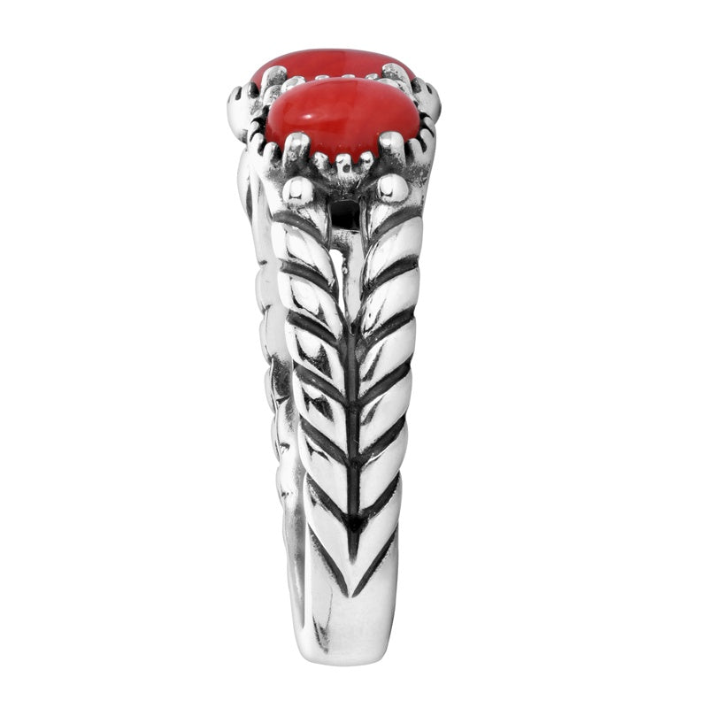 Sterling Silver Three Oval-shaped Red Coral Gemstone Ring Sizes 5 to 10