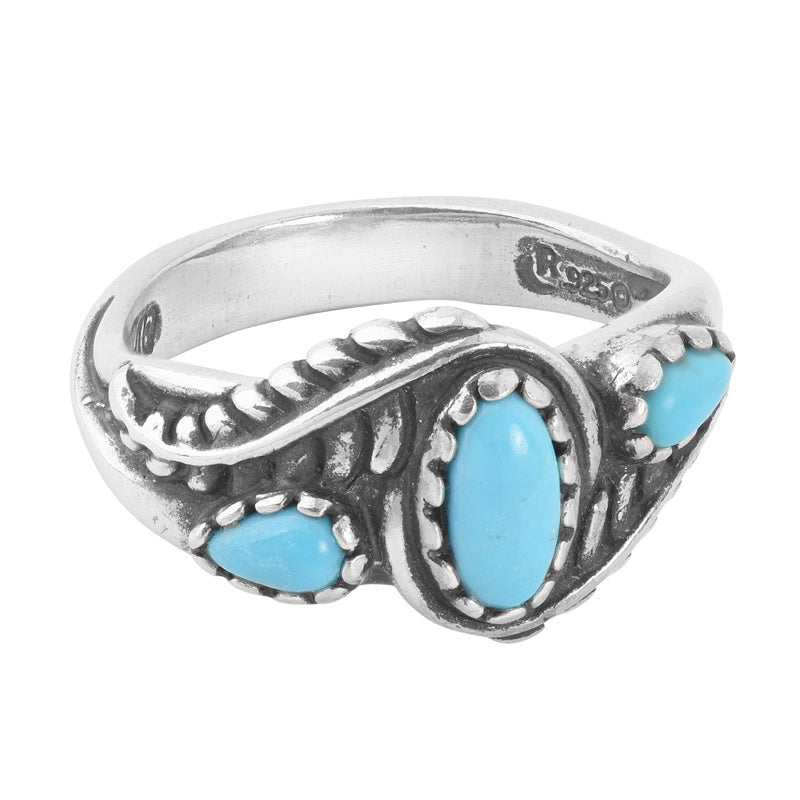 Sterling Silver Sleeping Beauty Turquoise Leaf Rosette Design 3-Stone Ring, Sizes 5 to 10