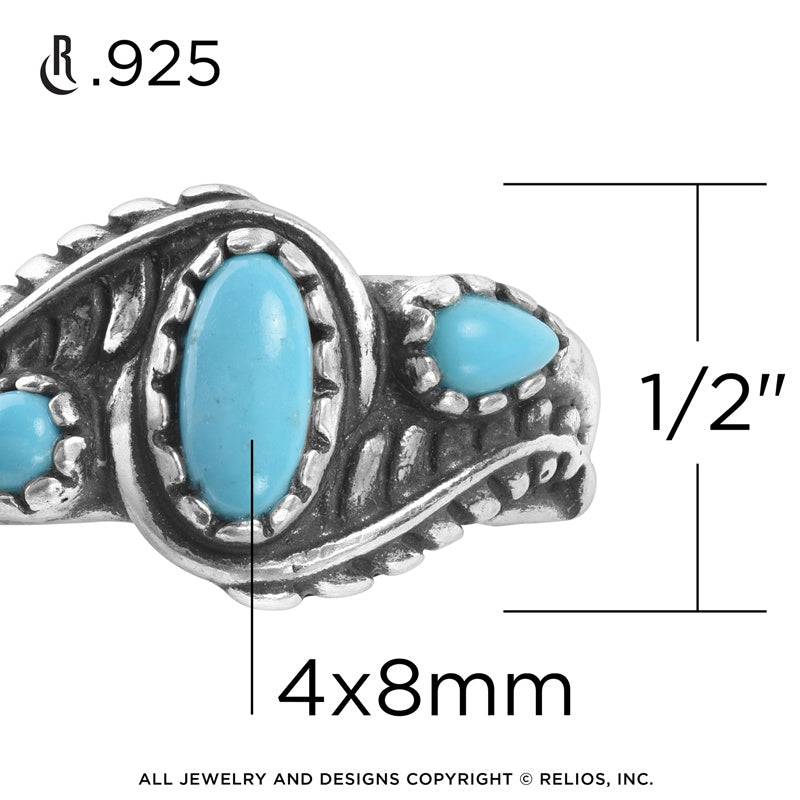 Sterling Silver Sleeping Beauty Turquoise Leaf Rosette Design 3-Stone Ring, Sizes 5 to 10