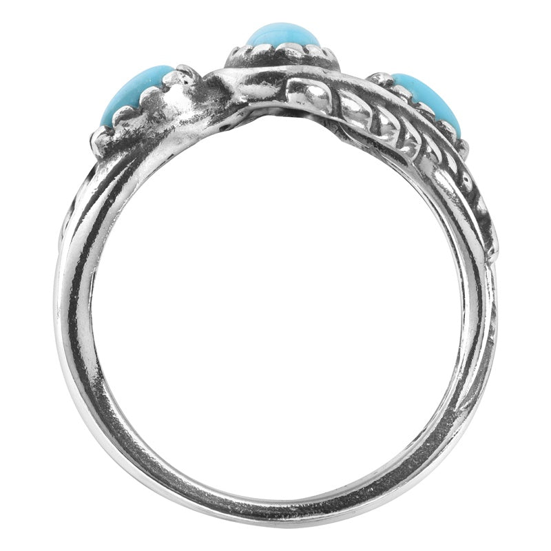 Sterling Silver Sleeping Beauty Turquoise Leaf Rosette Design 3-Stone Ring, Sizes 5 to 10