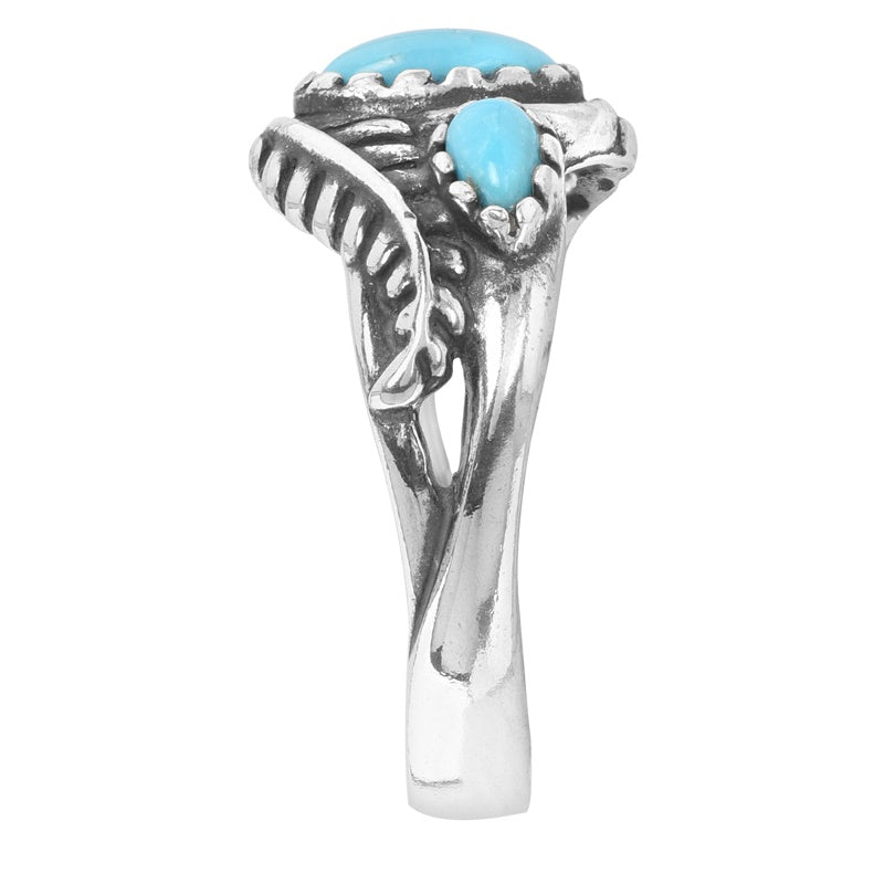 Sterling Silver Sleeping Beauty Turquoise Leaf Rosette Design 3-Stone Ring, Sizes 5 to 10