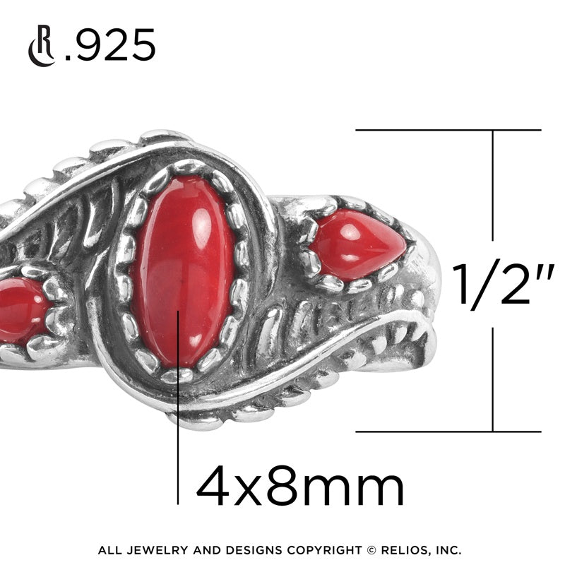 Sterling Silver Red Coral Gemstone Leaf Rosette Design 3-Stone Ring Size 5 to 10