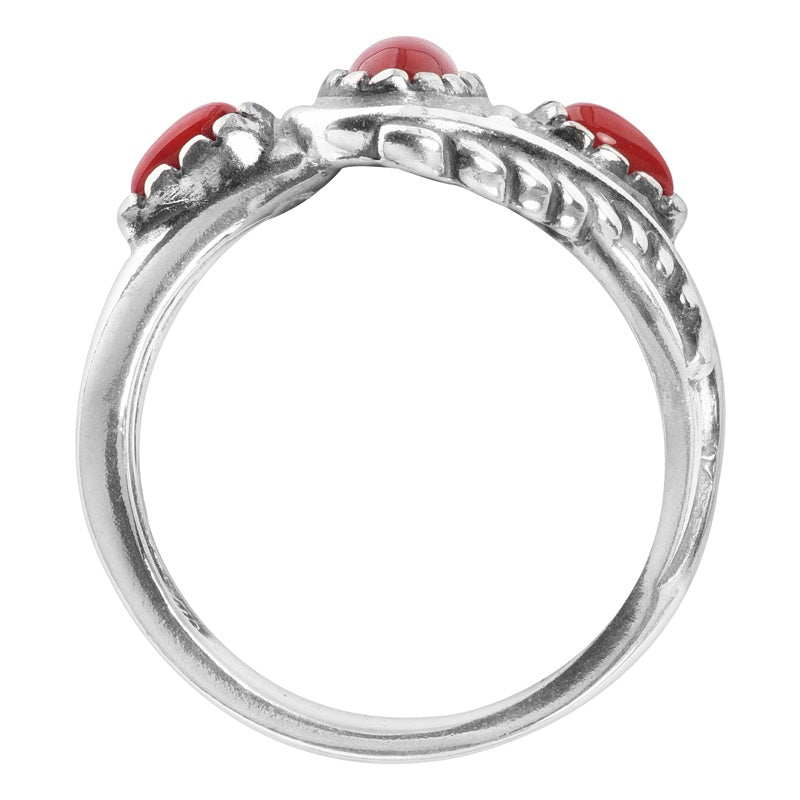 Sterling Silver Red Coral Gemstone Leaf Rosette Design 3-Stone Ring Size 5 to 10