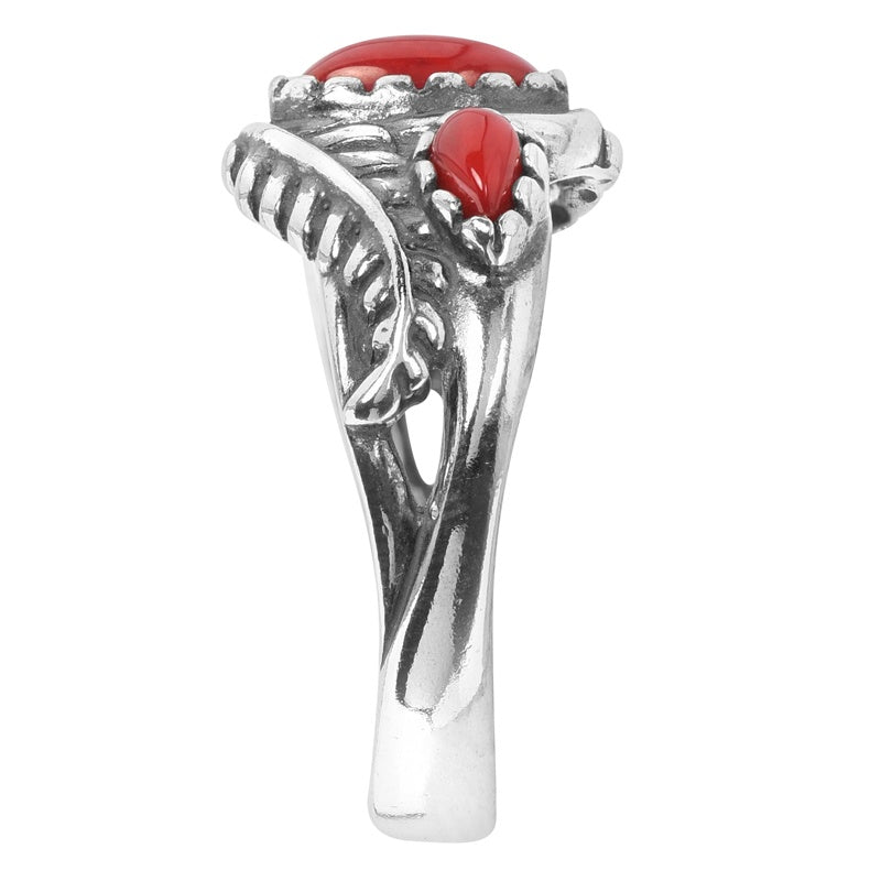 Sterling Silver Red Coral Gemstone Leaf Rosette Design 3-Stone Ring Size 5 to 10