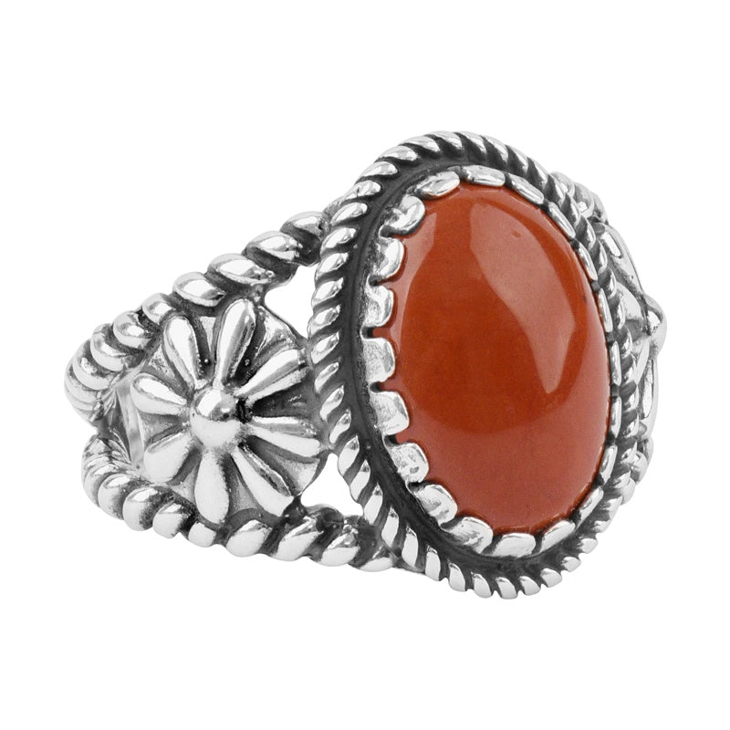 Sterling Silver Red Jasper Concha Flower Ring, Sizes 5 to 10