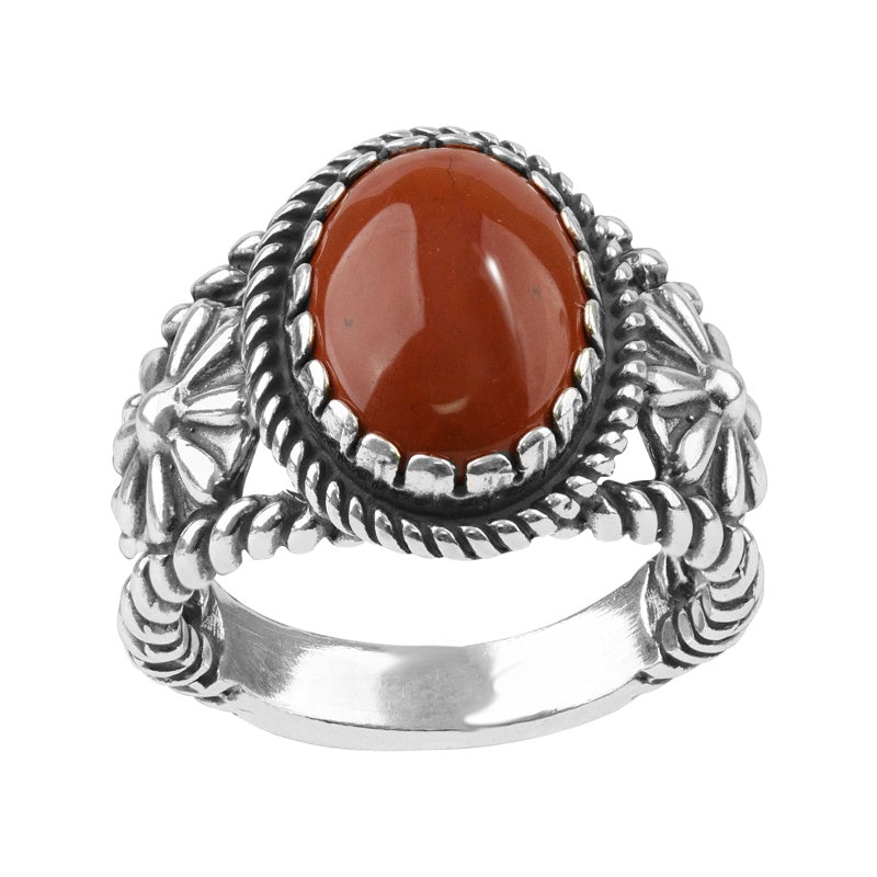 Sterling Silver Red Jasper Concha Flower Ring, Sizes 5 to 10