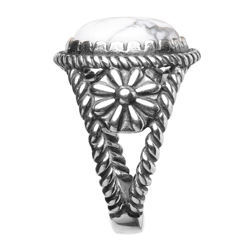 Sterling Silver White Howlite Gemstone Concha Flower Ring, Sizes 5 to 10
