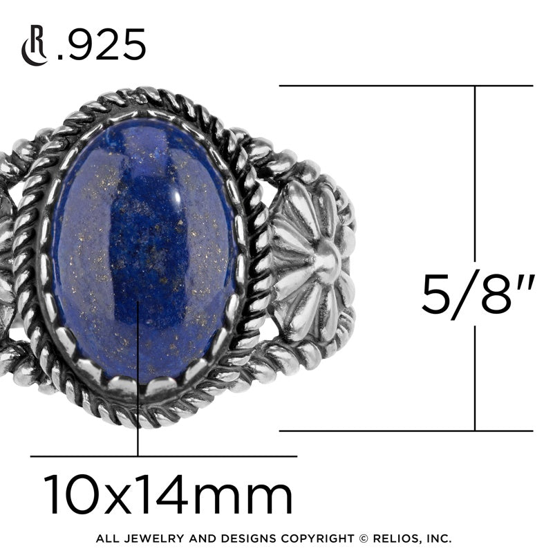Sterling Silver Lapis Lazuli Gemstone Concha Flower Ring, Sizes 5 to 10