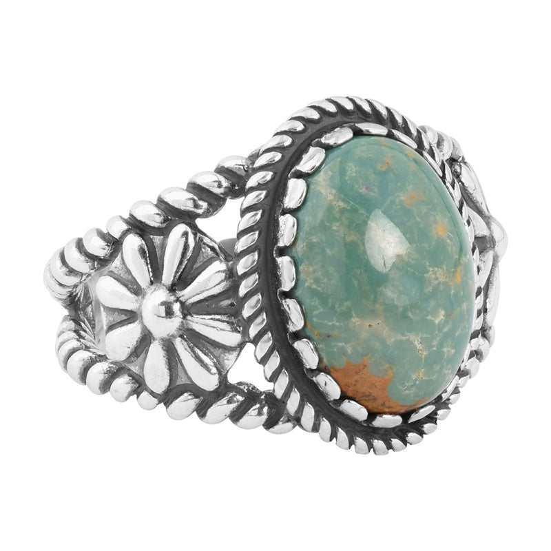 Sterling Silver Green Turquoise Gemstone Floral Rope Concha Ring, Sizes 5 to 10