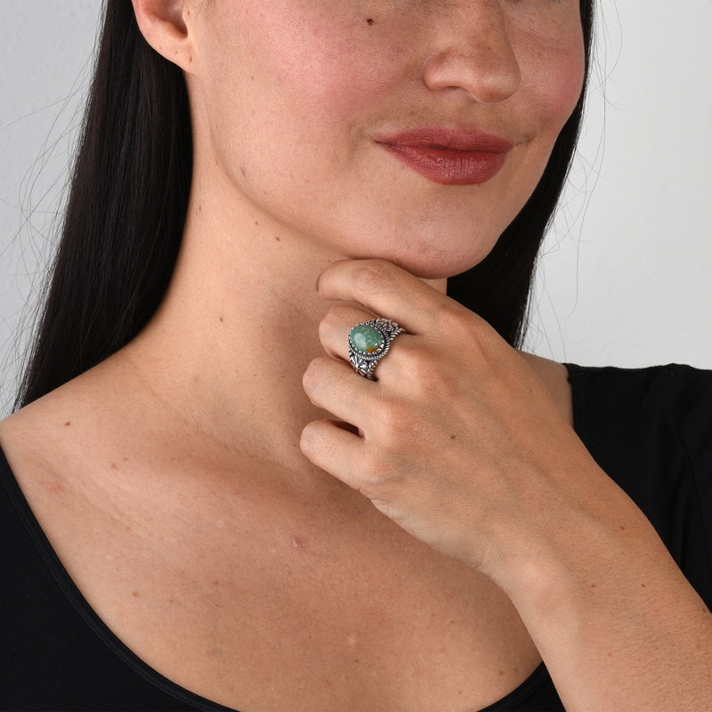 Sterling Silver Green Turquoise Gemstone Floral Rope Concha Ring, Sizes 5 to 10