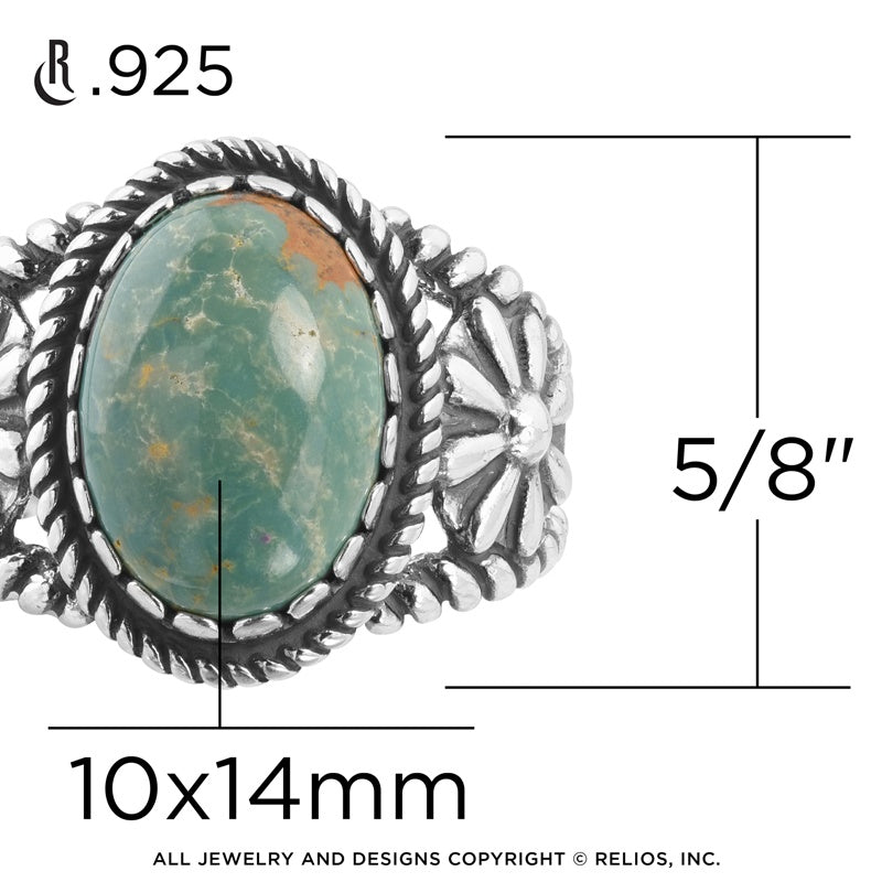 Sterling Silver Green Turquoise Gemstone Floral Rope Concha Ring, Sizes 5 to 10
