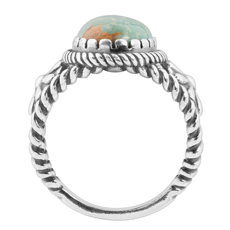 Sterling Silver Green Turquoise Gemstone Floral Rope Concha Ring, Sizes 5 to 10