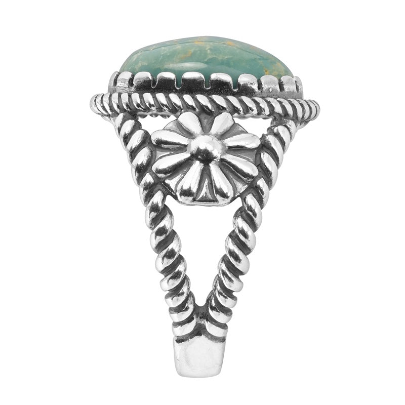 Sterling Silver Green Turquoise Gemstone Floral Rope Concha Ring, Sizes 5 to 10