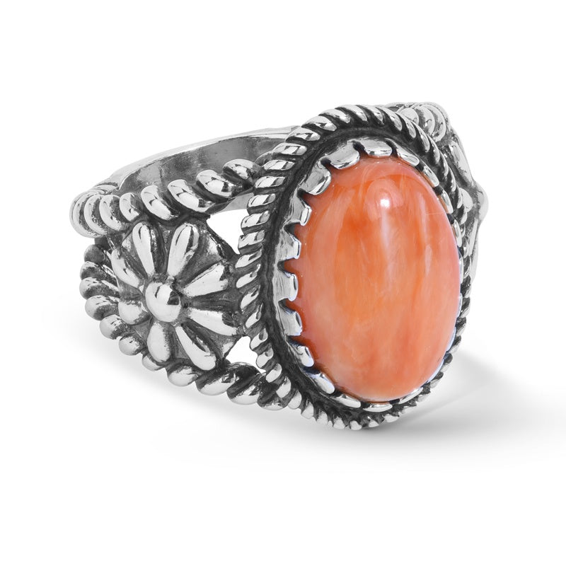 Sterling Silver Orange Spiny Oyster Gemstone Concha Flower Ring, Sizes 5 to 10