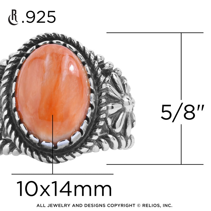 Sterling Silver Orange Spiny Oyster Gemstone Concha Flower Ring, Sizes 5 to 10