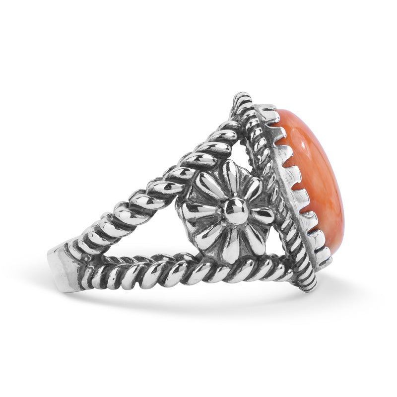 Sterling Silver Orange Spiny Oyster Gemstone Concha Flower Ring, Sizes 5 to 10
