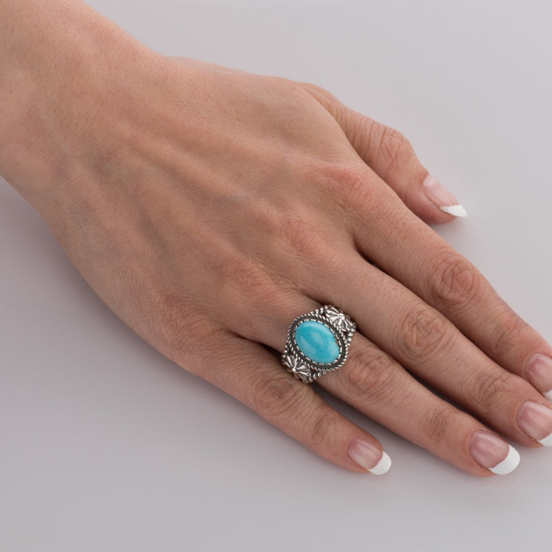 Sterling Silver Kingman Turquoise Concha Flower Ring, Sizes 5 to 10