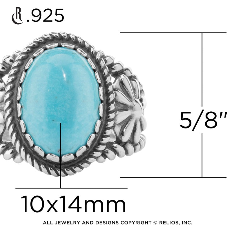 Sterling Silver Kingman Turquoise Concha Flower Ring, Sizes 5 to 10