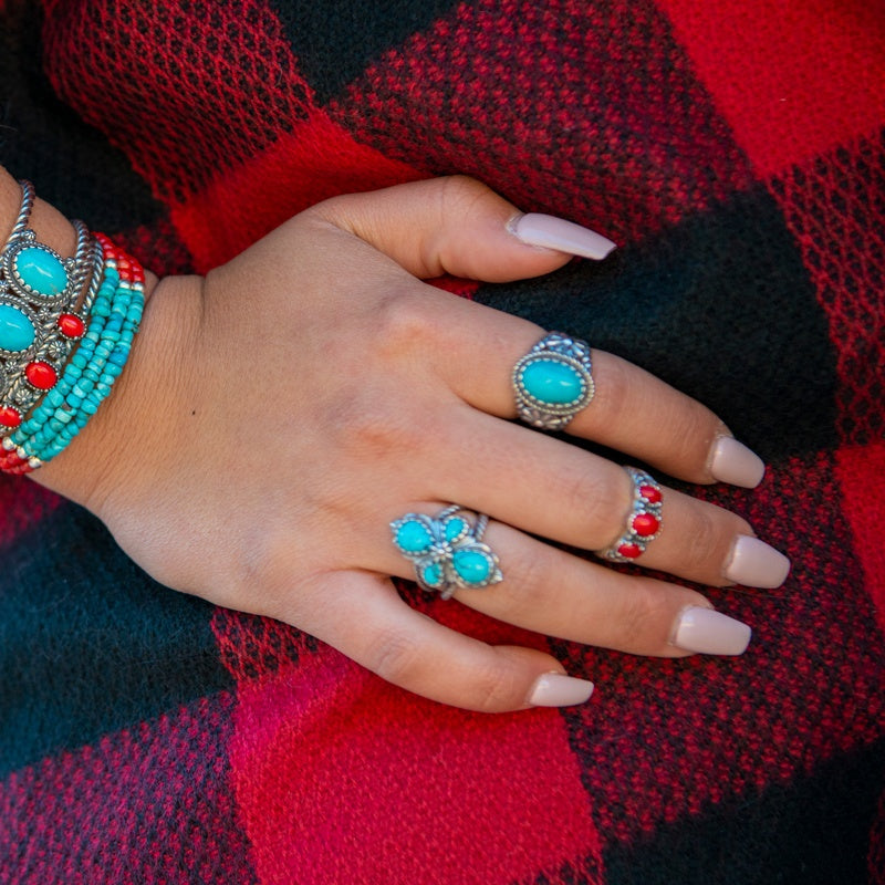 Sterling Silver Kingman Turquoise Concha Flower Ring, Sizes 5 to 10
