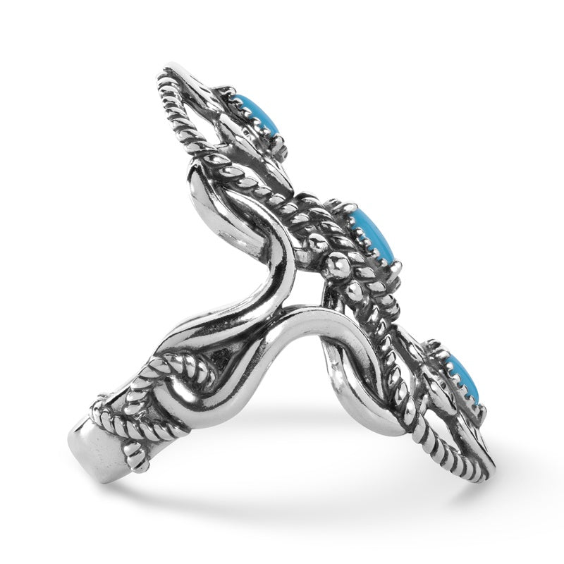 Sterling Silver Sleeping Beauty Turquoise Gemstone 3-Stone Elongated Ring Size 5 to 10