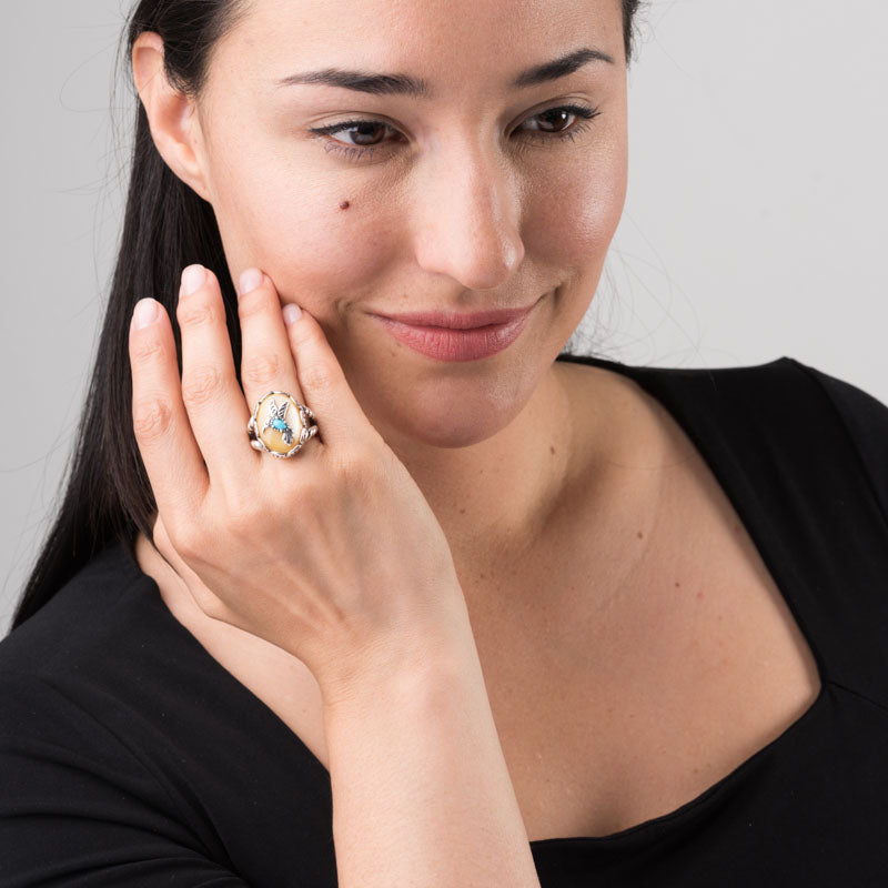 Sterling Silver Blue Turquoise and Lapis Gemstone Hummingbird Ring, Size 5 to 10