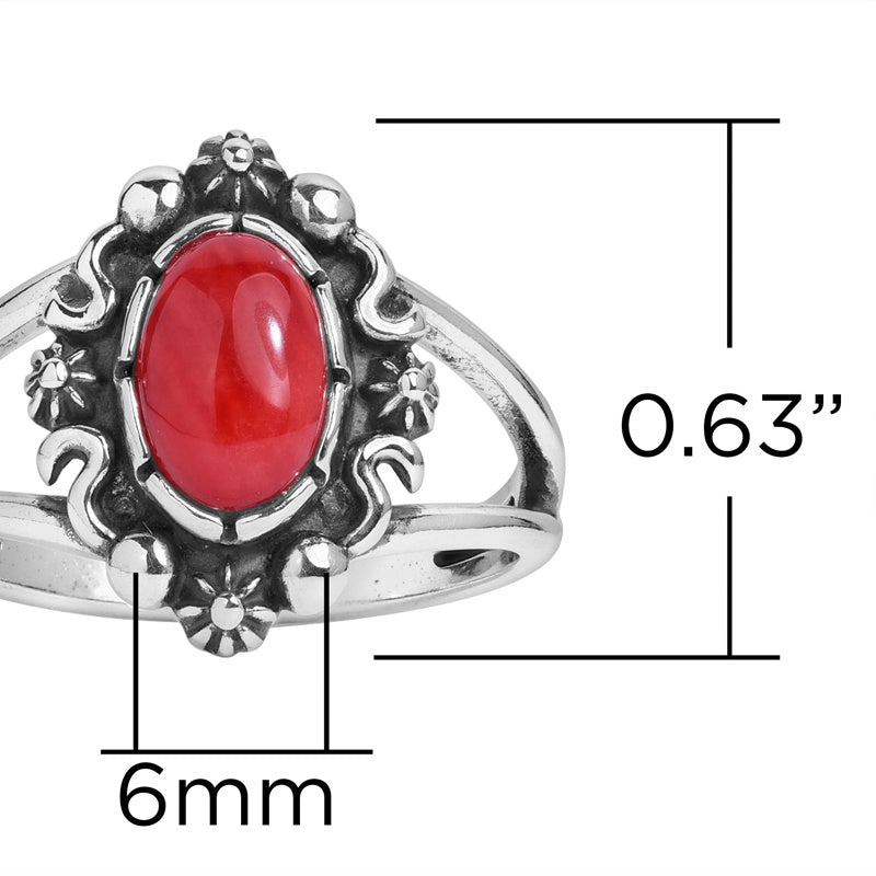 Sterling Silver Red Coral Gemstone Oval Ring Size 5 to 10