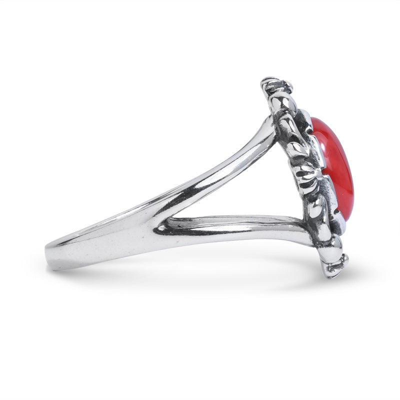 Sterling Silver Red Coral Gemstone Oval Ring Size 5 to 10