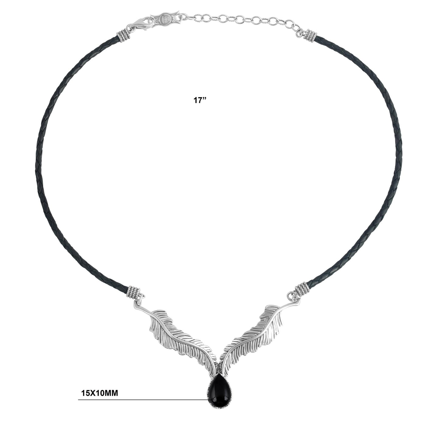 Sterling Silver Black Onyx Black Leather Feather Design Necklace