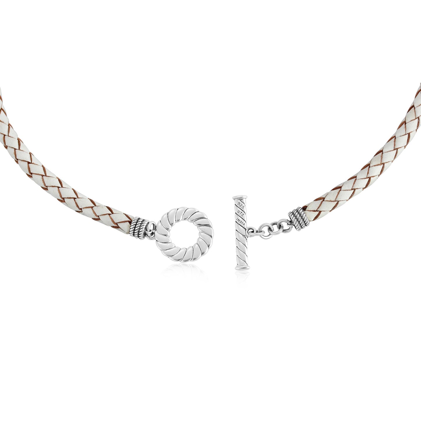 Sterling Silver Braided White Leather Toggle Necklace