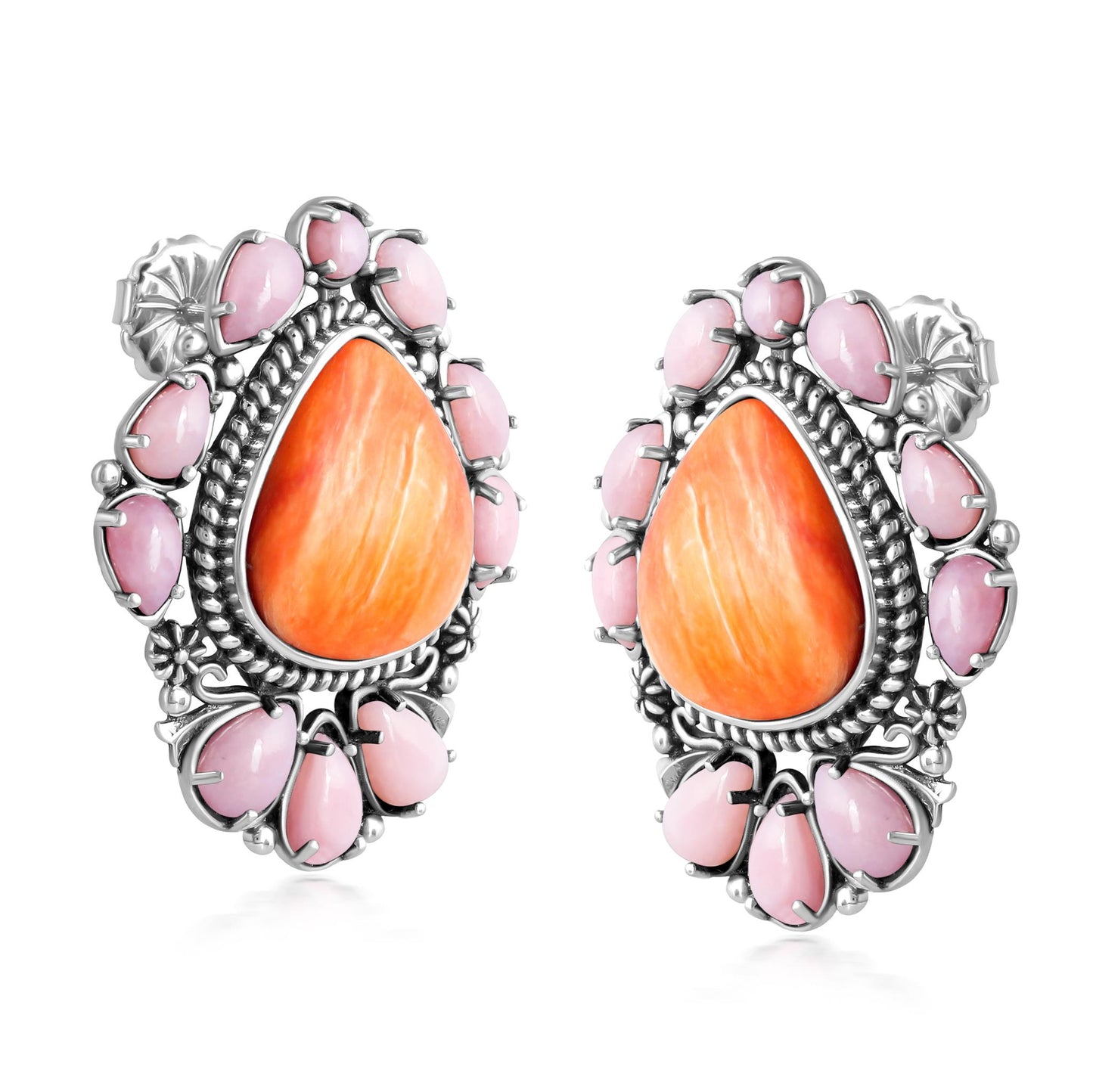 EXCLUSIVELY OURS! Sterling Silver Orange Spiny Oyster and Pink Opal Trillion, Pear and Oval Stud Earrings