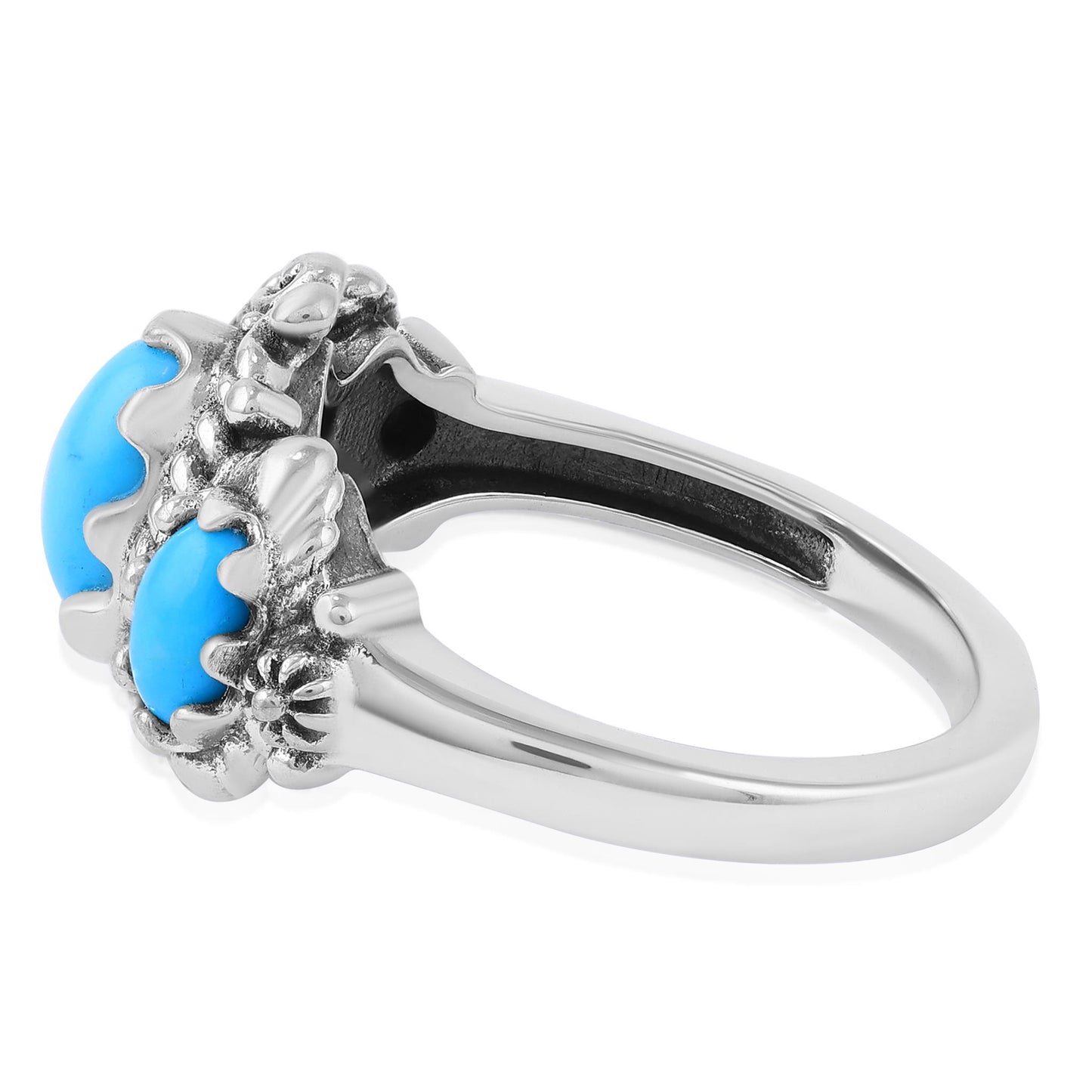 Sterling Silver Kingman Turquoise 3-Stone Oval Scalloped Bezel Ring