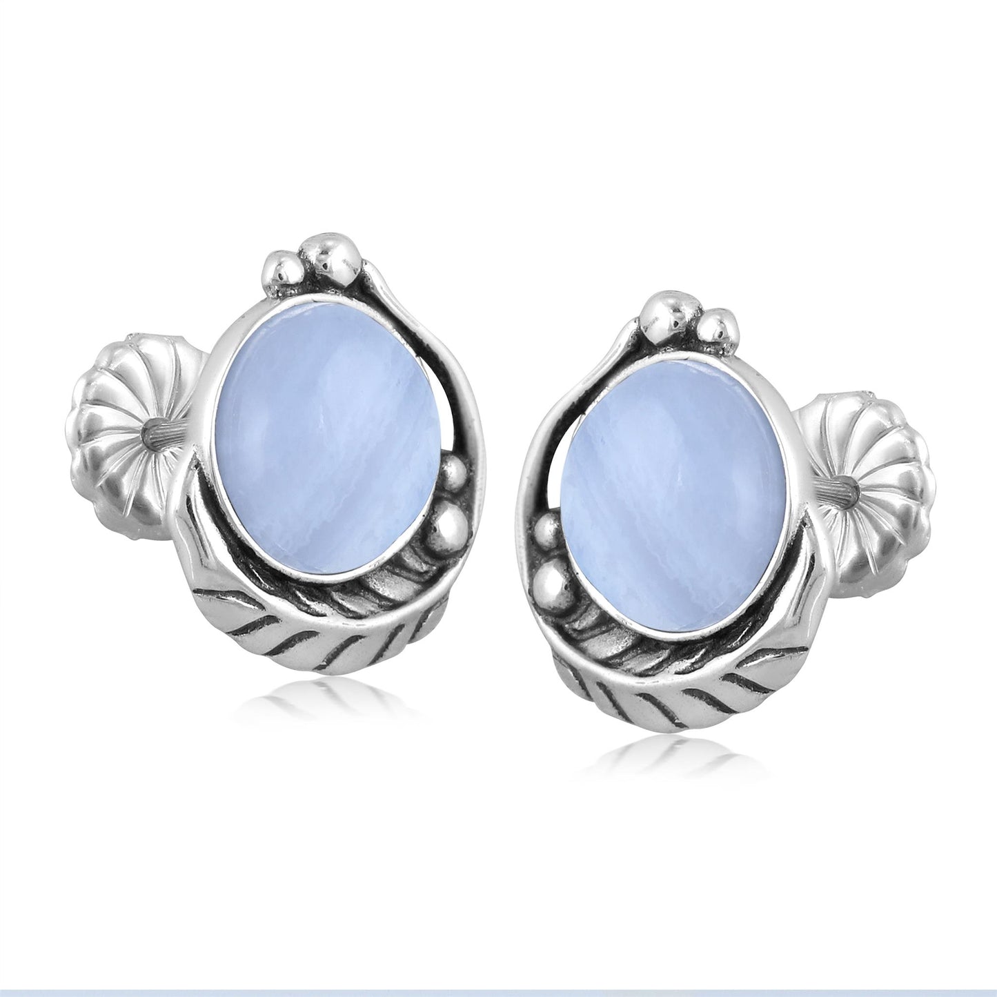 Sterling Silver Blue Lace Agate Leaf Button Earrings