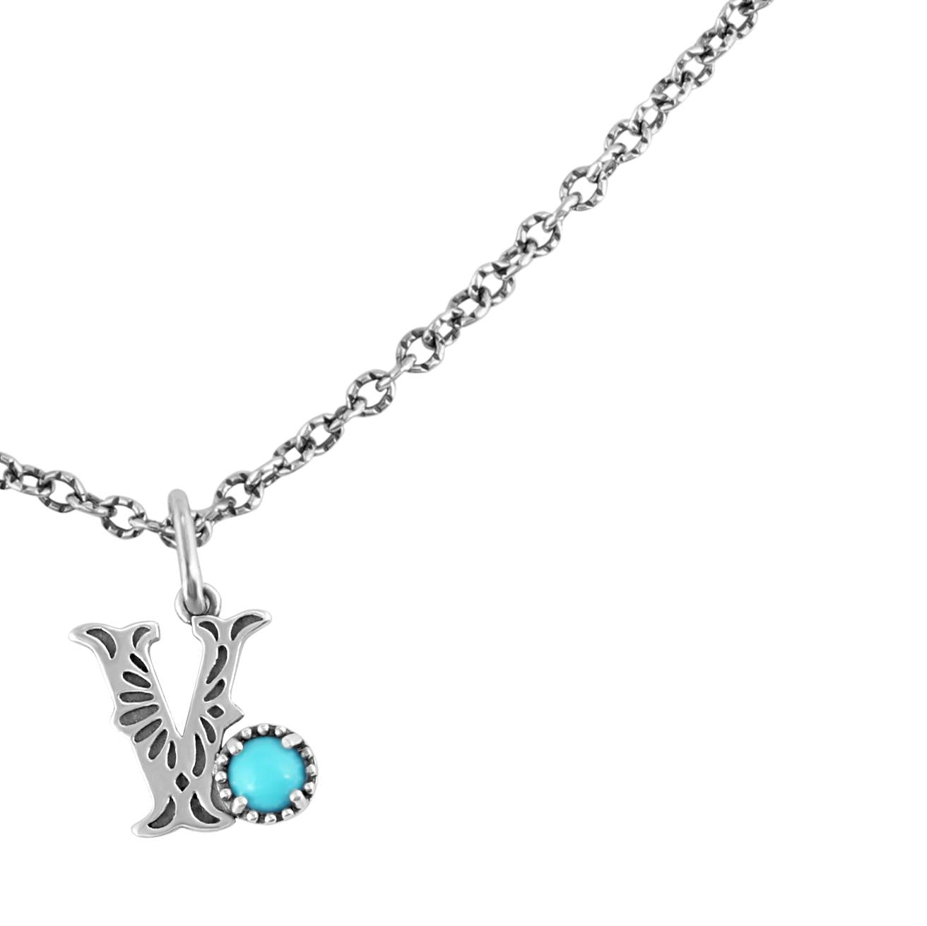 Sterling Silver Sleeping Beauty Turquoise Initial "V" Pendant and Chain Necklace, 17 to 20 Inches