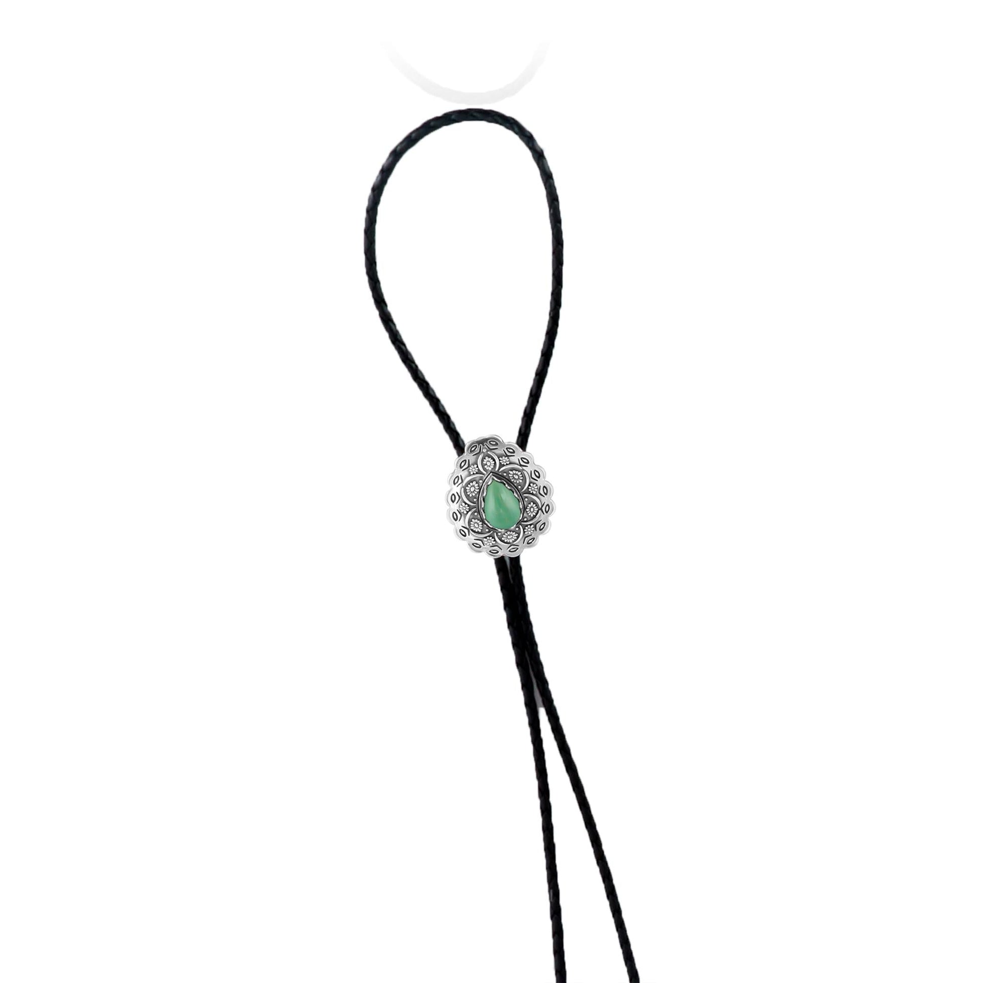 Sterling Silver Green Turquoise Leather Concha Bolo Necklace