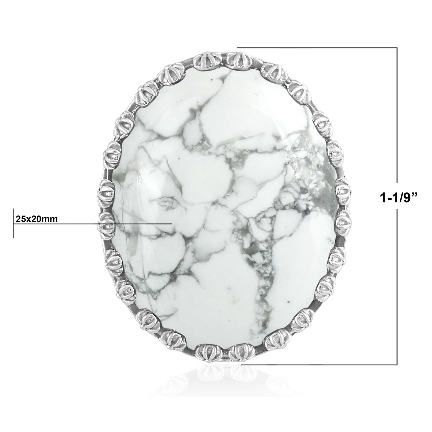Sterling Silver White Howlite Concha Flower Border Oval Cut Ring