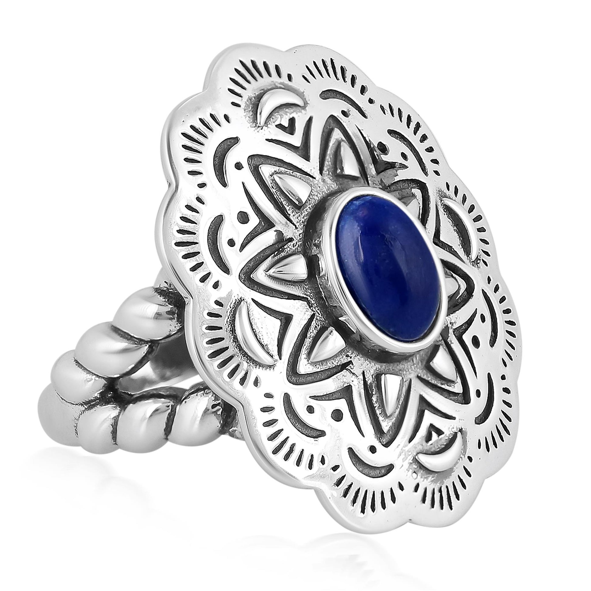 Sterling Silver Lapis Oval Gemstone Concha Ring
