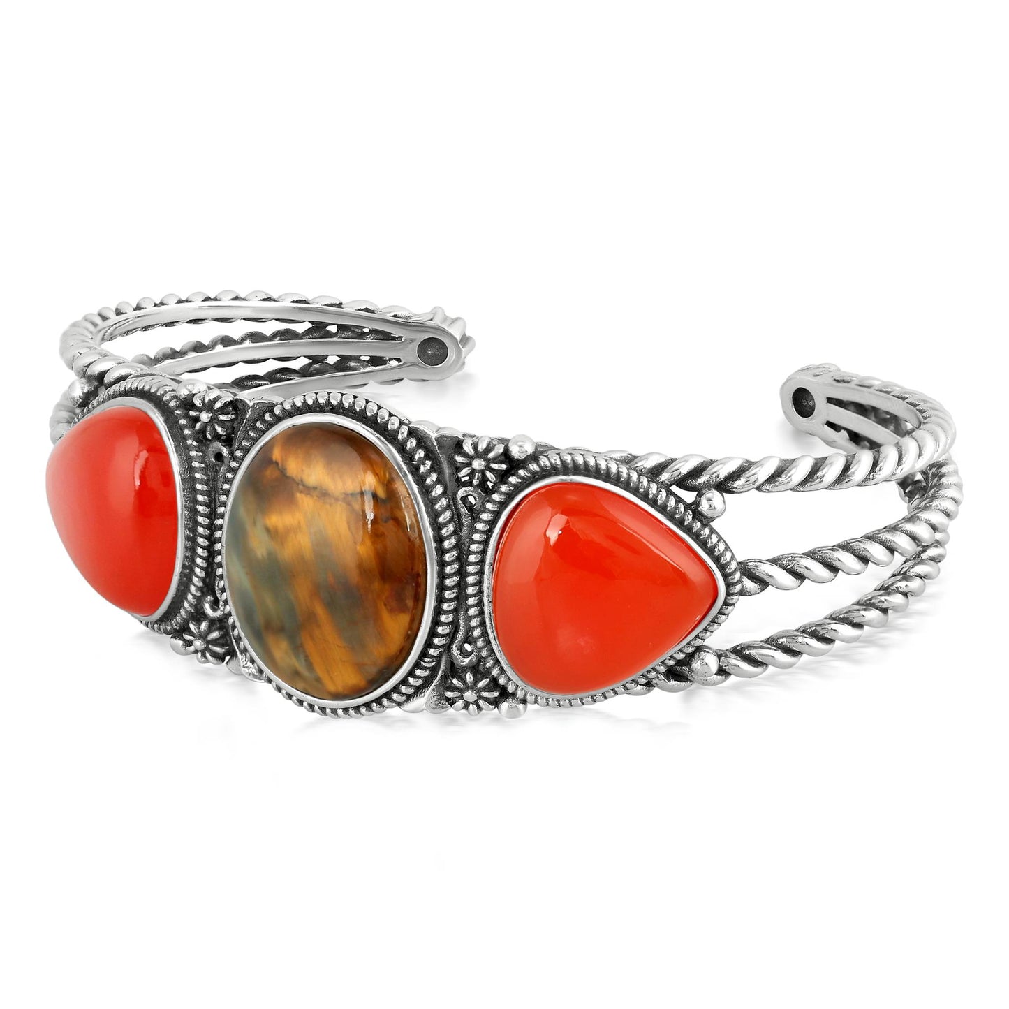 Sterling Silver Trillion Shaped Pietersite and Red Onyx Cuff Bracelet