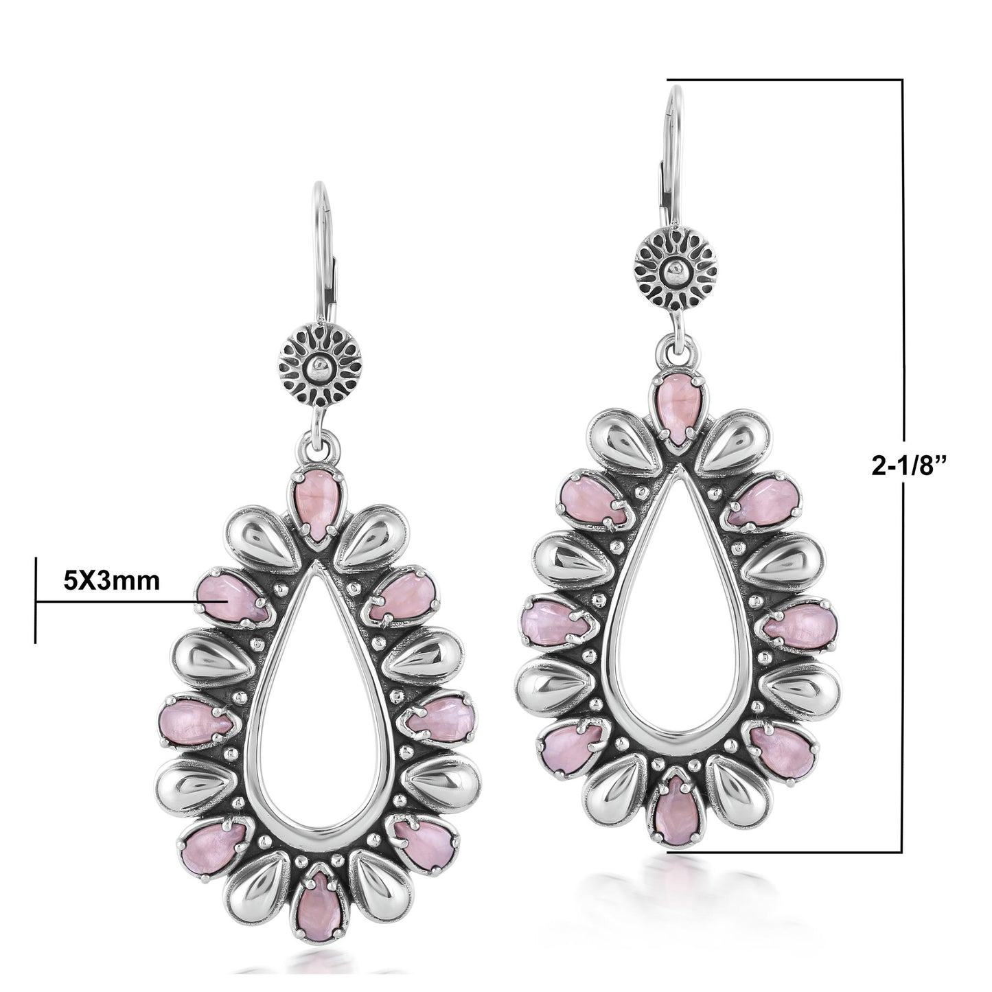 Sterling Silver Rhodochrosite Open Teardrop Pear-Cut Dangle Earrings