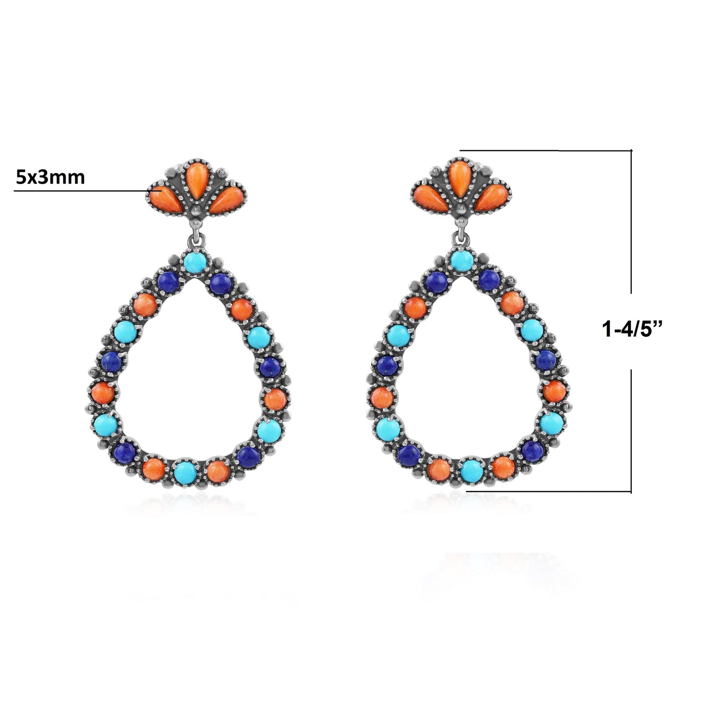 Sterling Silver Orange Spiny Oyster, Turquoise and Lapis Teardrop Post Back Earrings